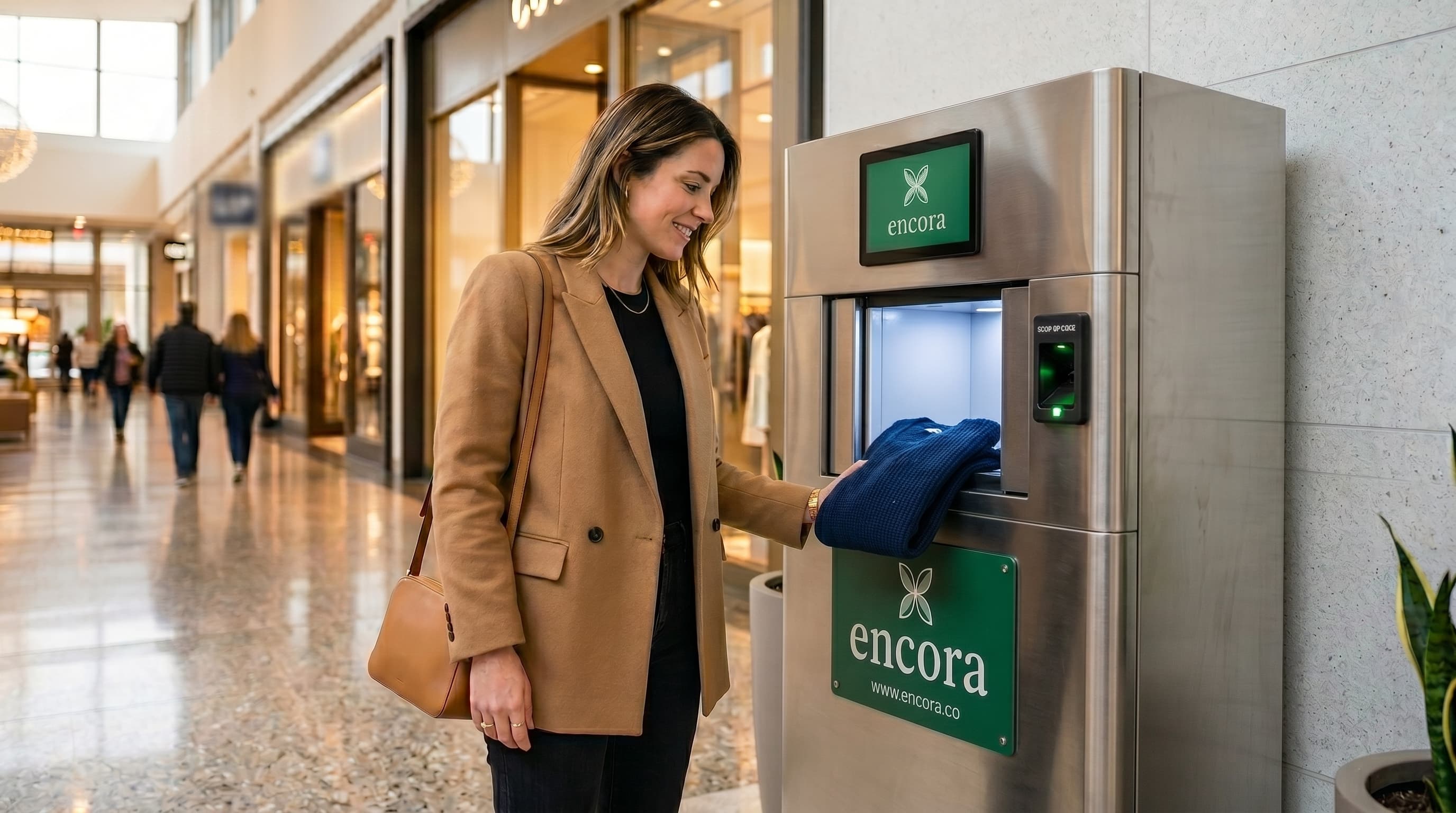 Woman returning item to Encora RetAI kiosk in mall